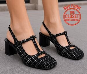 Zara NWT Black Tweed Mary Jane Slingback Block Heels 7.5 8